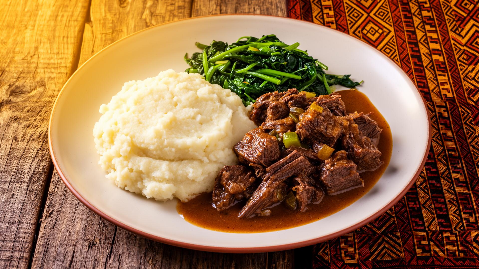 Sadza with beef stew and greens